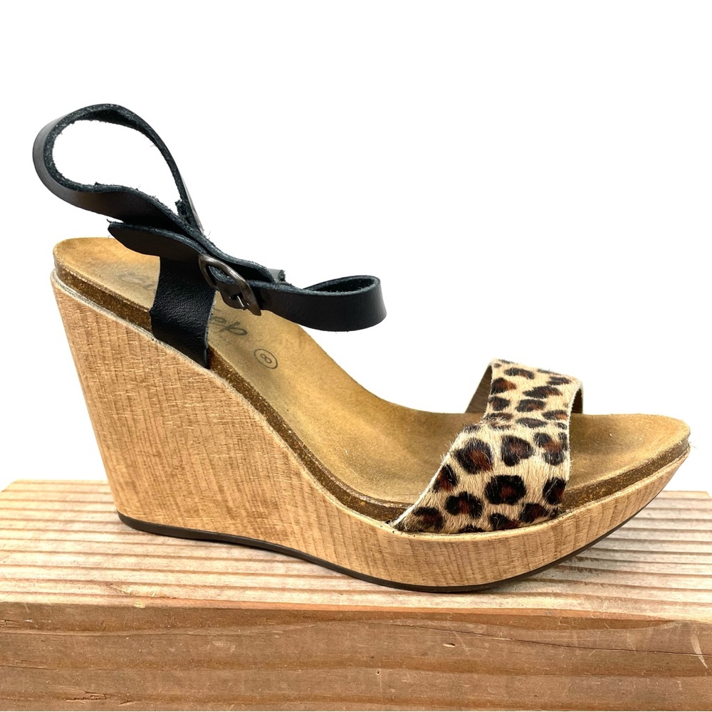 Biostep 4” Cork Wedge Sandal with Leopard Calf Hair and Leather Straps Size 8/39